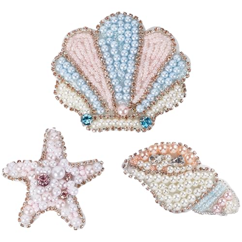 GORGECRAFT 1 Box 3 Stück 3 Stile Perlen Strass Aufnäher Meerestier Muschel Seestern Zum Aufnähen Applikationen Perlen Dekorativer Bestickter Aufnäher Für Kleider Jeans Jacken Handtaschen Kleidung von GORGECRAFT