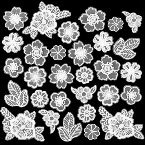 GORGECRAFT 1 Box 30 Stück 10 Stile Blumen Spitzen Applikation Stickerei Blumenblätter Aufnäher Verzierungen Stoffreparaturflicken Für Hochzeit Brautkleid Kleidung Hut Haarschmuck Nähen Basteln Weiß von GORGECRAFT