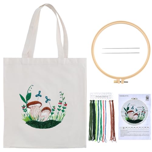 GORGECRAFT 1 Set Stickset Für Tragetaschen Aus Segeltuch Kreuzstich Taschentuch Nähen Pilzmuster Mit Anleitung (Evtl. Nicht In Deutscher Sprache) Sticknadel Für Taschen Stickrahmen Für DIY Anfänger von GORGECRAFT