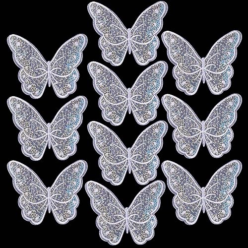 GORGECRAFT 10Stk Schmetterlings-Stickerei-Aufnäher Zum Aufnähen Weiße Pailletten-Schmetterlings-Aufnäher Polyester-Ornament-Zubehör Für Hochzeitskleid Kleidung Kleid Hut Jeans Nähen Applikation von GORGECRAFT