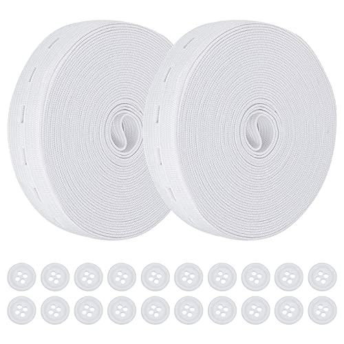 GORGECRAFT 11 Yard Weißes Gummiband Mit Knopflöchern Dehnbar Hochelastisch Strickbänder 2 Rollen 0.8,20 cm Löcher Gummikordel Mit (4) Harzknöpfen Zum Nähen von DIY-Bändern von GORGECRAFT