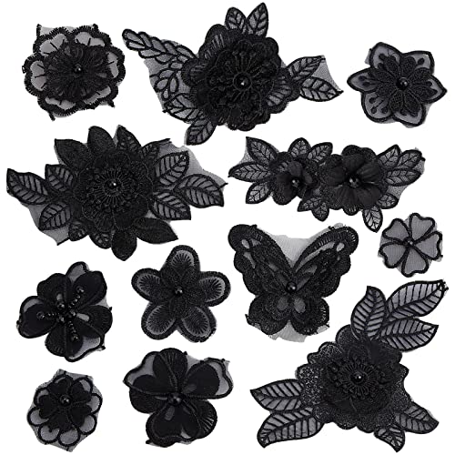 GORGECRAFT 12St Schwarze 3D-Blumenstickerei-Applikation Schmetterlings-Blumen-Spitze Bestickte Computergesteuerte Stickerei-Organza-Aufnäher Mit Kunststoffperlen Zum Aufnähen Kleidung Dekorieren von GORGECRAFT