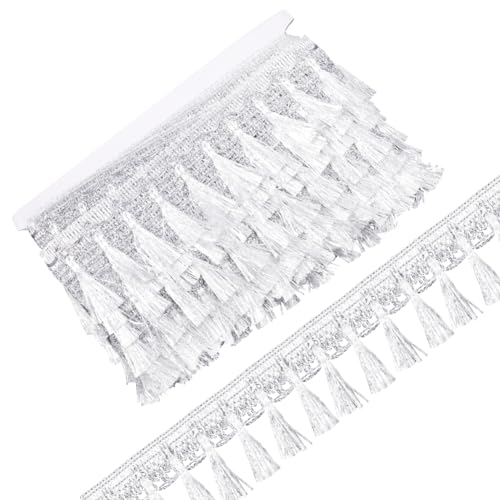 GORGECRAFT 13 Yards Metallische Fransenquastenbesatz Glitzerndes Geflochtenes Spitzenbesatzband Mit Quaste 55mm Breite Kantenbesatzung Heimwerker-Näharbeiten Kleidung Vorhänge Tischdecken Gainsboro von GORGECRAFT