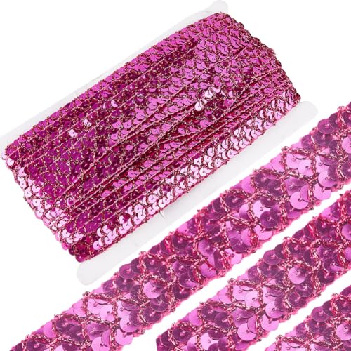 GORGECRAFT 13m X 2cm Paillettenbandbesatz 3-Reihig Flach Glitzer-Paillette Stoff Kunsthandwerk Tiefrosa Glitzernde Metallische Pailletten Band Rollenbesatz Für Kleider Verschönerung Stirnband Nähen von GORGECRAFT