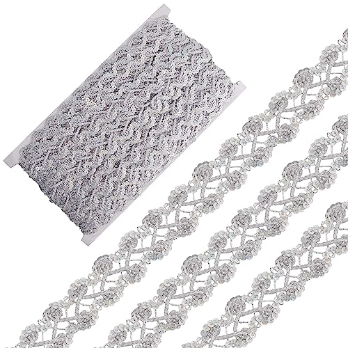 GORGECRAFT 14.2 Yard Metallischer Zopf-Spitzenbesatz 25mm Breit Gewelltes Blumenband Verziert Mit Silbernem Gimpenbesatz Venedig-Rand Mit Pailletten Basteln Nähen Spitze Für Kleidung Dekoration von GORGECRAFT