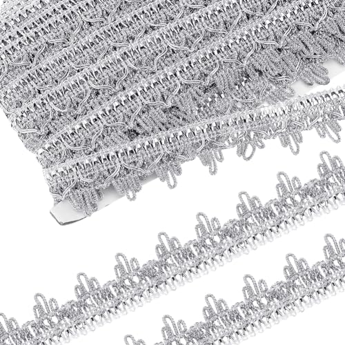 GORGECRAFT 15 Yard Metallischer Spitzenbesatz Silberfarben Bestickt Geflochtener Rand Bandapplikation Gimp Gewebte Fransen Quastenbesatz Zum Nähen Weihnachten Zuhause Hochzeit Dekoration DIY-Handwerk von GORGECRAFT