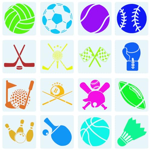 GORGECRAFT 16 Stück Sportball Schablonen Für Fußball Basketball Baseball Tischtennis Badminton Golf Wiederverwendbare Weiße Kunststoff Vorlage Zum Malen Auf Holz Zeichnungen Leinwand DIY Dekoration von GORGECRAFT