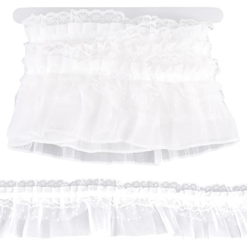 GORGECRAFT 2,2 m x 9,5 cm weißes Rüschen-Spitzenband, doppellagig, plissiert, Spitzenstoff, gerafft, bestickt, Nähapplikation, Kantenbesatz für Kleid, Kostüm, Kissenbezug, Verzierungen von GORGECRAFT
