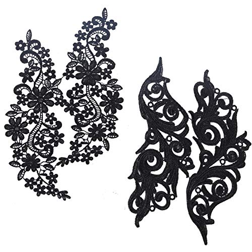 GORGECRAFT 2 Paar Spitzenapplikation Blumenstickerei Patch Schwarze Spitzenborte Kragen Für DIY Dekorierte Craft Nähkostüm (9.84x5.70, 11.41x5.11) von GORGECRAFT