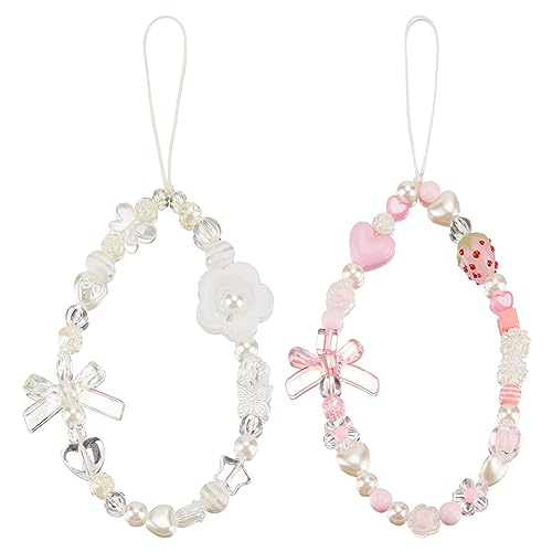 GORGECRAFT 2 Stile Perlen-Handy-Charms Riemen Handgefertigt Handy-Lanyard Handgelenk-Schlüsselanhänger Rosa Weiß Abnehmbare Perlen Handy-Kette Süße Erdbeer-Schleife Herz-Perlen-Anhänger GORGECRAFT 2 Stile Perlen-Handy-Charms Riemen Handgefertigt Handy-Lanyard Handgelenk-Schlüsselanhänger Rosa Weiß Abnehmbare Perlen Handy-Kette Süße Erdbeer-Schleife Herz-Perlen-Anhänger von GORGECRAFT