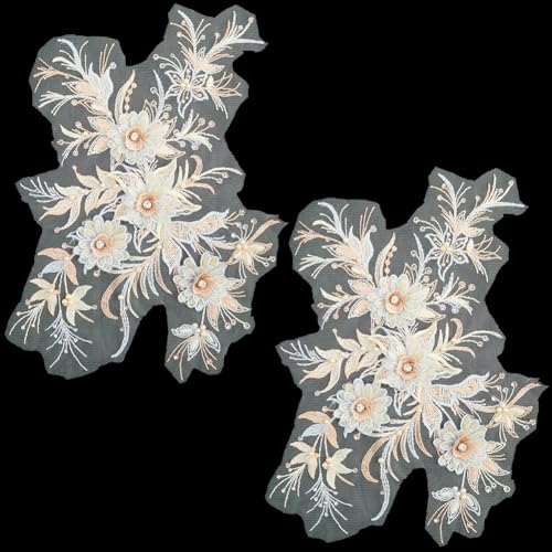 GORGECRAFT 2 Stück 3D Bestickter Blumenstoff Mit Strass Pailletten Perlen Spitzenapplikation Blumenmuster Aufnäher Verzierungen Für Hochzeit Brautkleid Dekoration Partykleid Kleidung Ausschnitt Nähen von GORGECRAFT