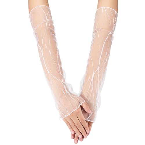 GORGECRAFT 2 Stück Fingerlose Lange Handschuhe Aus Spitzentüll Mit Ärmeln Aus Transparentem Netzstoff 45cm Lang Abnehmbar Weiße Hochzeitstüllhandschuhe Brautarmärmel Ellenbogenlänge Für Frauen Und von GORGECRAFT