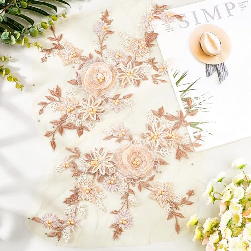 GORGECRAFT 2 Stück Perlen Spitzen Applikationen Mit 3D Blumenstickerei Dekoratives Blumenmotiv Zum Aufnähen Für Hochzeit Brautkleid Verzierungen Partykleid Kleidung Jeans Rucksack Nähen Basteln Biskui von GORGECRAFT