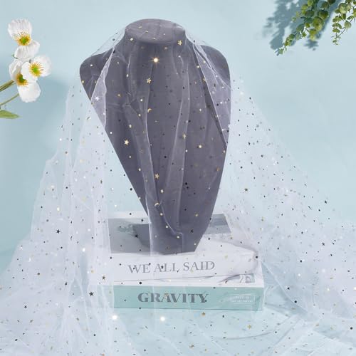 GORGECRAFT 2 Yard X 160cm Weißer Glitzer Tüll Stern/Mond Paillettenstoff Netzspitze Mit Goldenen Punkten Stern/Mond Pailletten Netzgarn Für Heimwerker Näharbeiten Basteln Tutu Röcke Kleider Hochzeit von GORGECRAFT