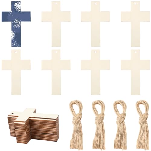 GORGECRAFT 20 Stück 11x7cm Unbehandelte Holzkreuzscheiben Blanke Holzkreuzausschnitte Mit 20 Stück Hanfseilen Holzkreuz Geschenkanhänger Mit Loch Hängende Ornamente Für Heimwerker Basteln Kirchenhochz von GORGECRAFT
