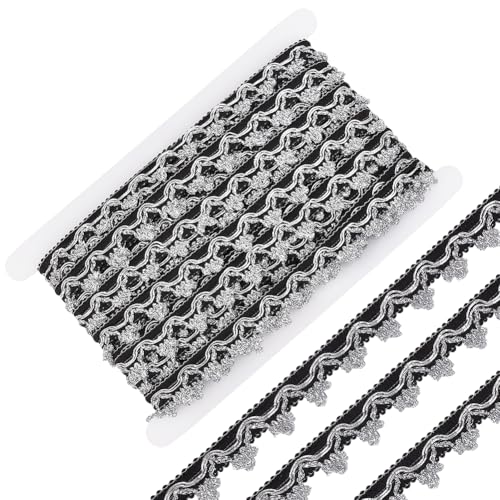 GORGECRAFT 22 m X 20mm Metallisches Spitzenband Filigrane Einfassung Dekorative Borte Schwarz Silberner Glitzer Gewellter Rand Applikation Gewebte Borte Besticktes Stoffband Zum Nähen Für Hochzeiten von GORGECRAFT