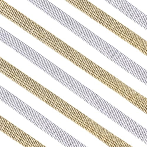 GORGECRAFT 24 Yards 2 Farben Elastisches Band 10mm Breit Gold-Glitzer-Metallic-Band Flach Silberfarbenes Elastisches Band Geflochtenes Stretchband Elastizität Gestrickte Gummikordel Gurtband Zubehör von GORGECRAFT