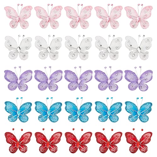 GORGECRAFT 25 STÜCKE 5 Farben Organza Schmetterlinge Mit Draht Und Strass Stoff Schmetterling Dekoration Glitzer Nylon Mesh Schmetterlinge Spitzenborte Für Hochzeit Party Kleidung Ornamente Handwerk von GORGECRAFT