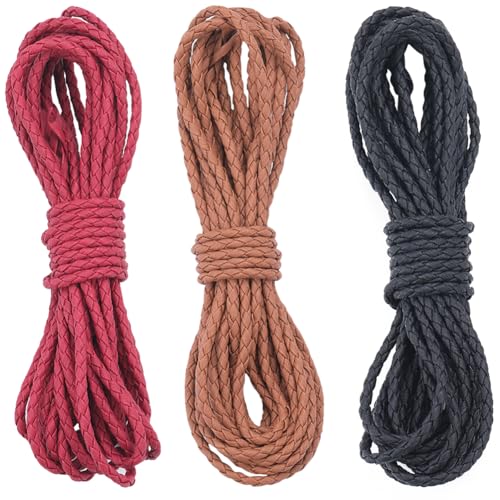 GORGECRAFT 3 Farben 15m Geflochtenes Lederband 4mm Rund Gefalteter Bolotie-Riemen Seil Spitze Flechten Antiker Streifen Für Halsketten Armbänder Anhänger Schmuckherstellung Perlenflechten Flechten von GORGECRAFT