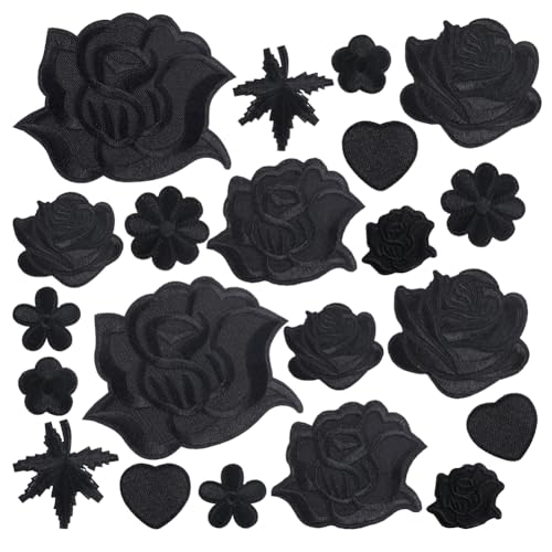 GORGECRAFT 30Stk 10 Stile Blumen-Aufnäher Zum Aufbügeln Schwarze Rose Boho-Stil Liebesherz Blatt Stoff-Reparaturflicken Bestickte Blumenapplikation Zum Aufnähen Für Pullover Hüte Kleidung Taschen von GORGECRAFT