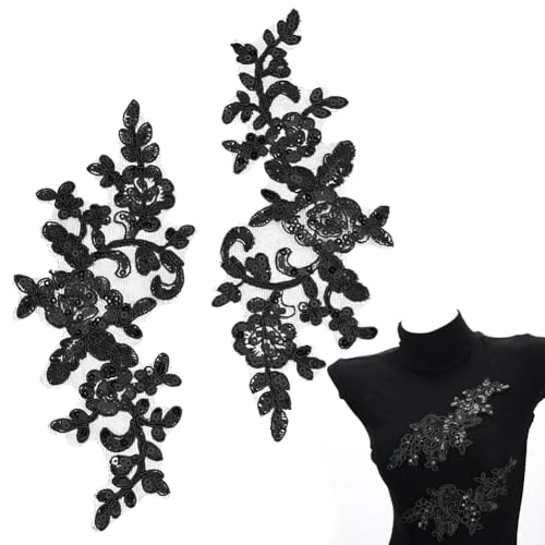 GORGECRAFT 3D-Pailletten-Perlen Bestickte Spitzenapplikation Blumen Blätter Zum Aufnähen Besatzflicken Glitzerperlen Blumenkragen Stoffbastel-Dekoration Flicken Zum Nähen von Kleiderhosen Schwarz von GORGECRAFT