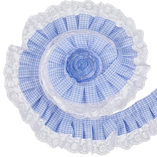 GORGECRAFT 4,5 m blaues Gingham-Rüschenband, plissiert, 6,3 cm, gerafftes Netz-Chiffonband, Stoff, kariert, Taftkaro, bestickt, Tüllapplikation, Kantenbesatz zum Nähen, Picknick, gewebt GORGECRAFT 4,5 m blaues Gingham-Rüschenband, plissiert, 6,3 cm, gerafftes Netz-Chiffonband, Stoff, kariert, Taftkaro, bestickt, Tüllapplikation, Kantenbesatz zum Nähen, Picknick, gewebt von GORGECRAFT