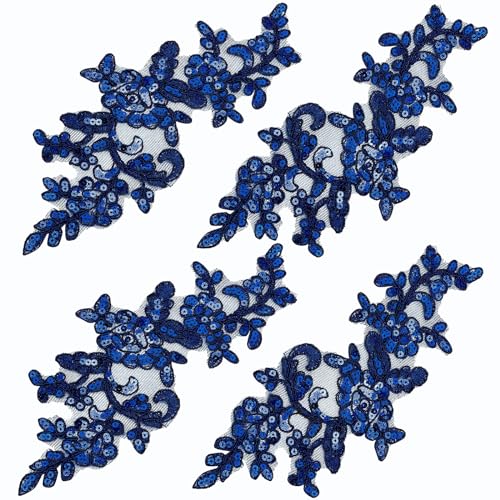 GORGECRAFT 4 Paar Bestickte Aufnäher Eisenblatt Blumen Spitzenapplikationen Natur Patches Geeignet Für Kleidung Kleid Hosen Nähen Handwerk Dekoration (Mitternachtsblau) von GORGECRAFT
