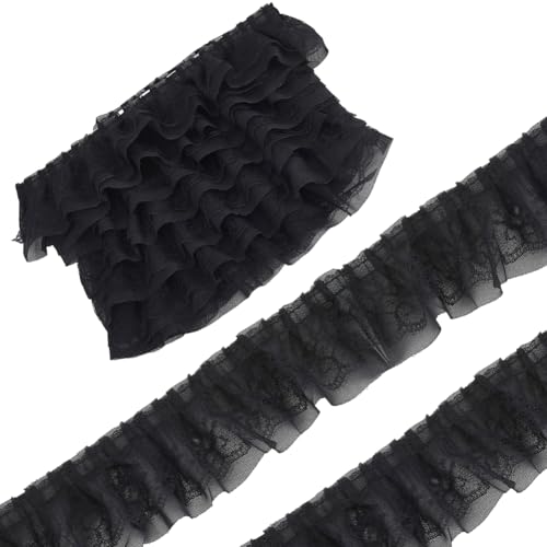 GORGECRAFT 4.57 m Doppellagiger Spitzenbesatz Aus Stoff 5.7cm Breit Schwarzes Chiffonband Plissiert Gerafft Rüschen Chiffonbesatz Tüll Spitzenbesatz Für Heimwerken Nähen Basteln Verzierungen von GORGECRAFT