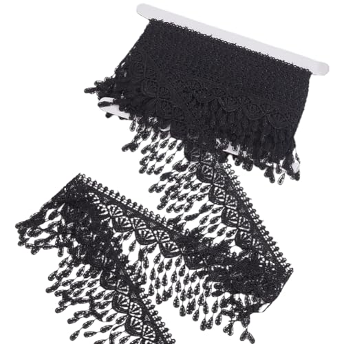 GORGECRAFT 4.57 m Quasten Spitzenfransenbesatz 8.5cm Breit Schwarz Besticktes Band Stoff Aus Polyester Gewellter Rand Häkelspitze Guipure Venezianischer Besatz Zum Nähen von Kleidung Hochzeitskleid von GORGECRAFT