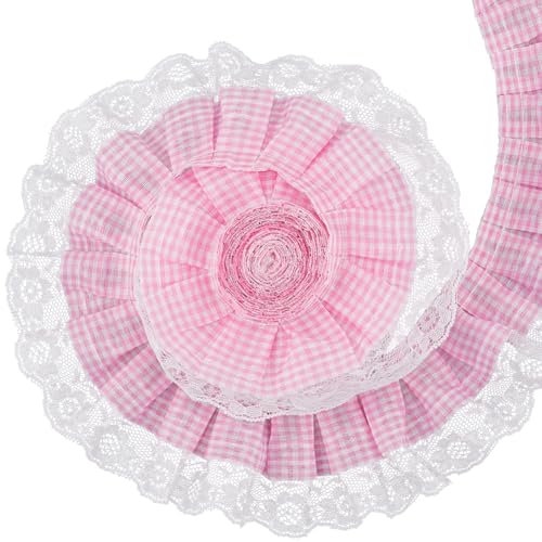 GORGECRAFT 4.6 m Rosa Gingham Spitzenbesatz Aus Plissiertem Chiffon Gerafftes Kariertes TAFT Büffelkaro Webband 6.3cm Organza Netz Rüschenstoff Bestickte Applikation Kantenbesatz Für Selbstgemachte von GORGECRAFT