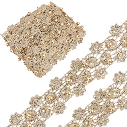 GORGECRAFT 5 Yards Blumen Spitzenbesatz Mit Goldperlen 39mm Breit Floral Bestickte Kantenbesätze Mit Kunststoffperlen Verziertes Spitzenband Für Heimwerker Nähen Basteln Kleider Hüte Kostüme Heimdekor von GORGECRAFT