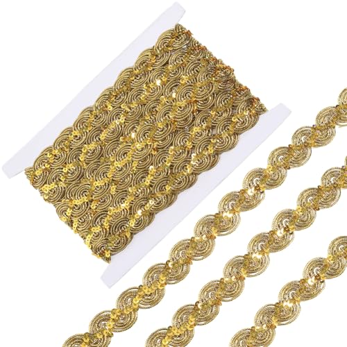 GORGECRAFT 5.5 m Goldene Pailletten Spitzenborte 2.5cm Metallische Gimp Zopfborte Glitzernde Gewellte Applikationskanten Weihnachts Wellen Spitzenband Zum Nähen Für Hochzeiten Brautvorhänge Heimdekora von GORGECRAFT