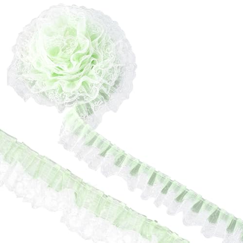 GORGECRAFT 50mm Doppellagiges Chiffon Spitzenband Mit Rüschen 5 Yards Plissierter Satin Spitzenrandbesatz Hellgrün Kantenbesatz Tüll Bestickte Borten Spitzen Für Stoffapplikationen DIY Nähen Basteln von GORGECRAFT