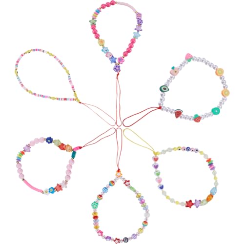 GORGECRAFT 6 Stile Perlen-Handy-Anhänger Bunt Handy-Lanyard Handschlaufe Obst Erdbeere Stern Perle Böser Blick Blume Herz Lächeln Gesicht Handgefertigte Handyhülle Kette Schlüsselanhänger Riemen von GORGECRAFT