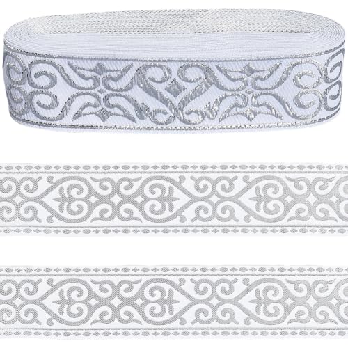 GORGECRAFT 7 m Jacquard Webband 3.3cm Breit Silberfarben Floral Bestickt Ethnisch Polyester Flaches Band Spitzenstoff Für Taschengurte Hüte Kleidungszubehör Vorhänge Kissenbezüge Heimdekoration von GORGECRAFT