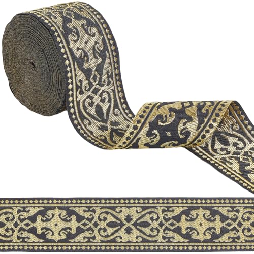 GORGECRAFT 9 m Jacquard Webband 5cm Schwarz Gold Blumenmuster Ethno Vintage Bestickte Borte Fransen Jacquard Gurtband Geldbörsengurt Gürtel Für Taschen Kleidung Vorhänge Nähen Basteln Geschenkverpacku von GORGECRAFT