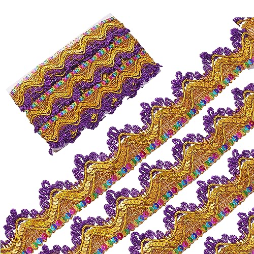 GORGECRAFT 9.3 Yard 35mm Lila Fransen-Quastenbesatz Goldfarbener Glitzer-Netzstoff Pailletten Spitzenbesatz Nähen Gewellte Metallische Pailletten Stickerei Gimpenbesatz Geflochtener Kantenbesatz von GORGECRAFT