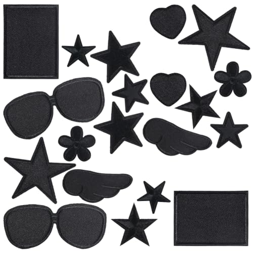 GORGECRAFT 24Stk 12 Stile Schwarze Aufnäher Zum Aufbügeln Stern-Patches Herz Quadratisch Brillen Bestickter Stoff Reparatur Aufnäher Applikation Zum Nähen von Kleidung Jacken Hüten Schuhen Taschen von GORGECRAFT