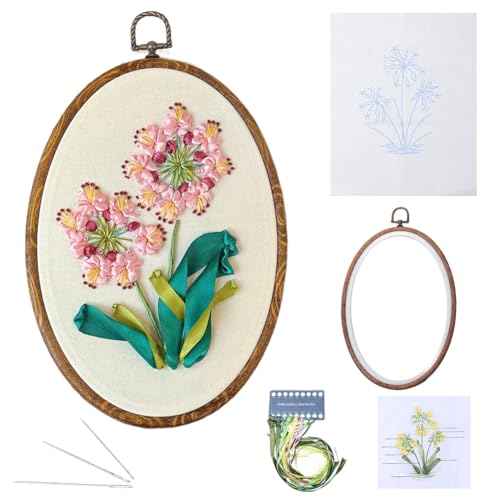 GORGECRAFT Blumen Nadelspitzen Set 3D Blumenmuster Gestempeltes Stickmuster Kreuzstich Kunststoffrahmen Bunte Fäden Nadeln Werkzeuge Starter Sets Mit Anleitung Für Anfänger DIY Basteln Erwachsene von GORGECRAFT