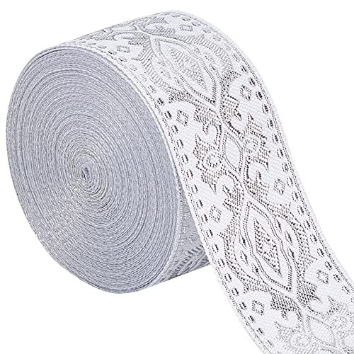 GORGECRAFT Ethnisches Jacquard-Band 33 mm Breit Doppelseitig Silber Blumenstickerei Polyester Gewebt Weißes Rand-Fransenband Für Heimwerker Nähen Basteln Kleidung Vorhänge Dekoration Zubehör von GORGECRAFT