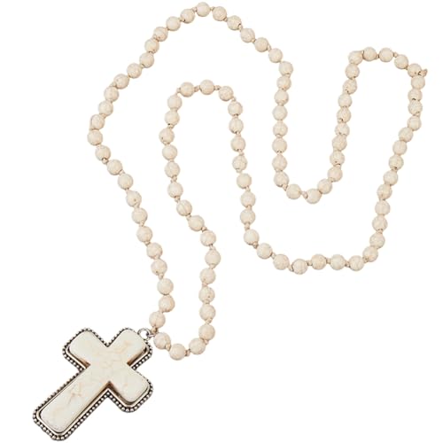 GORGECRAFT Kreuz Charm Halskette Boho Stil Türkisfarbener Naturstein Perlen Langer Anhänger Bohemian Western Vintage Edelstein Weiße Perlen Kruzifix Klobiges Statement Handgefertigt Choker Für Schmuck von GORGECRAFT