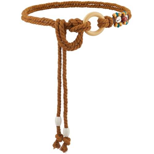 GORGECRAFT Schlichter Langer Taillengürtel Aus Baumwolle 1.4 m Lang Schmale Taillenkette Mit Quaste Ethnischer Boho Stil Gewebter Gürtel Mit Holzperlen Für Jeans Röcke Kleider Stoffhosen Damen Kokosnu von GORGECRAFT