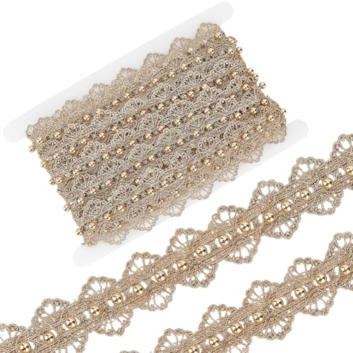 GORGECRAFT Spitzenband mit goldfarbenen Perlen, 3,6 cm breit, braun, Stickerei, dekorativer Zopfbordüre, Blumenmuster, Nähbordüre, Stoff, Franseneinfassung, für Hochzeit, Basteln, Kleidung, Zubehör von GORGECRAFT