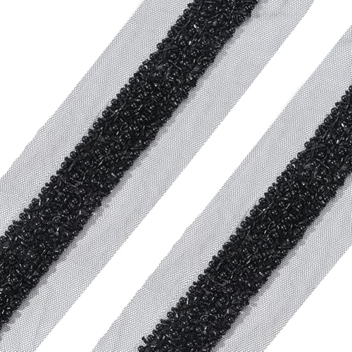 GORGECRAFT Spitzenbesatz Mit Perlen 1.8 m 6.4cm Breit Schwarz Dekorativer Bandstreifen Spitzenband Kantenbesatz Netzstoff Bestickte Applikation Zum Nähen Basteln Hochzeitskleid Partykleidung Heimdekor von GORGECRAFT