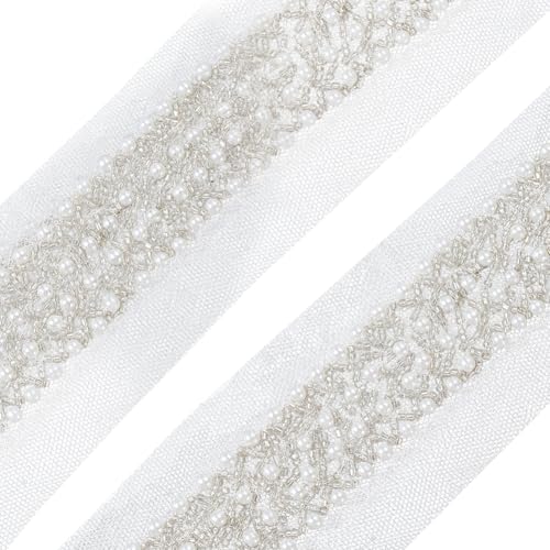 GORGECRAFT Spitzenbesatz Mit Perlen 1.8 m 6.4cm Breit Weiß Dekorativer Bandstreifen Spitzenband Kantenbesatz Stoff Bestickte Applikation Zum Nähen Basteln Hochzeitskleid Partykleidung Heimdekoration von GORGECRAFT