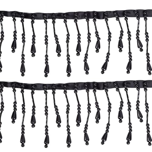 GORGECRAFT Spitzenbesatz Mit Perlen 1.8 m 7.5cm Breit Schwarzes Perlen Spitzenband Zum Nähen von Kleidungsrändern Vorhängen Perlenanhängern Quasten Fransenbesatz Für Heimwerker Nähen Basteln Hochzeit von GORGECRAFT