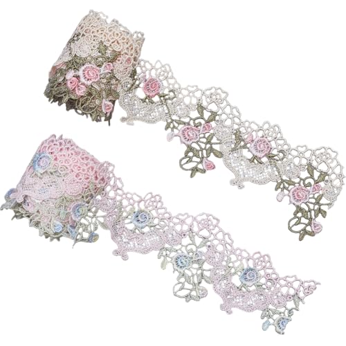 GORGECRAFT Spitzenbordüre, 4 m, 2 Farben, Blumenmuster, Polyester, Blumenmuster, Spitzenband, Stoffrandbesatz, bestickte Applikation, Nähen, Handwerk für Hochzeitskleid, Verzierung, Kleid, Kleider von GORGECRAFT