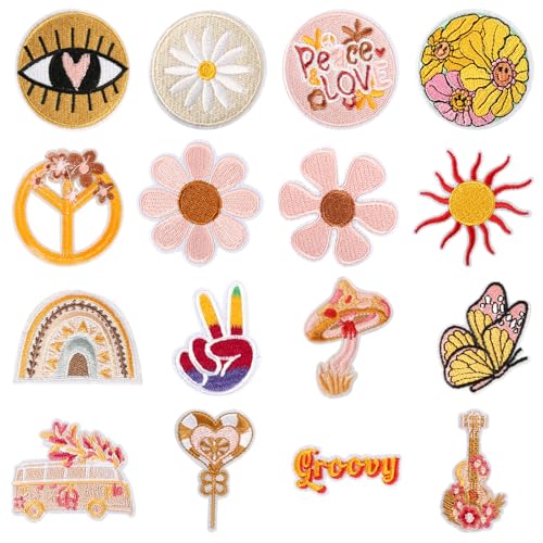 Bügelflicken 16 Stück Flicken Bügeln Hippie Aufbügel Patches Bestickte Aufnäher Patches zum Aufbügeln für Aufnähen von Kleidung Rucksack Jacken Jeans Hemd (Style-A) von GOSHIES