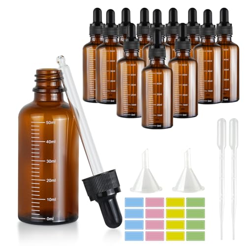 12 Stück Pipettenflasche 50ml: Braunglasflasche Anti-UV,Apothekerflasche mit 2 Trichter 2 Pipette Nadelspitze 2 Aufkleber,Dropper Bottle für Ätherische Öl, Parfümöle,Aromatherapie,Düfte,Flüssigkeit von GOTDYBST