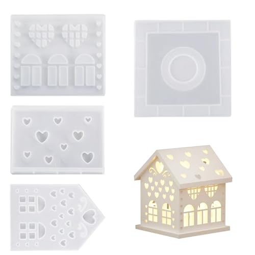 4 Stück Silikonformen Gießformen Häuser, 3D Silikonform Haus Kerzenhalter, DIY Gießformen Silikon Häuser mit Herz Fenster, Silikonform Häuser, Mini Gießform Haus für Gips Beton Epoxidharz von GOTDYBST